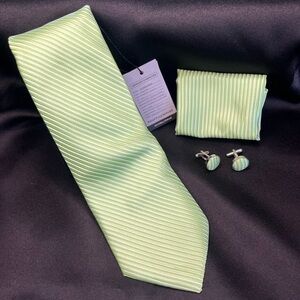 NWT- Elegant Silk Green Striped Tie Set